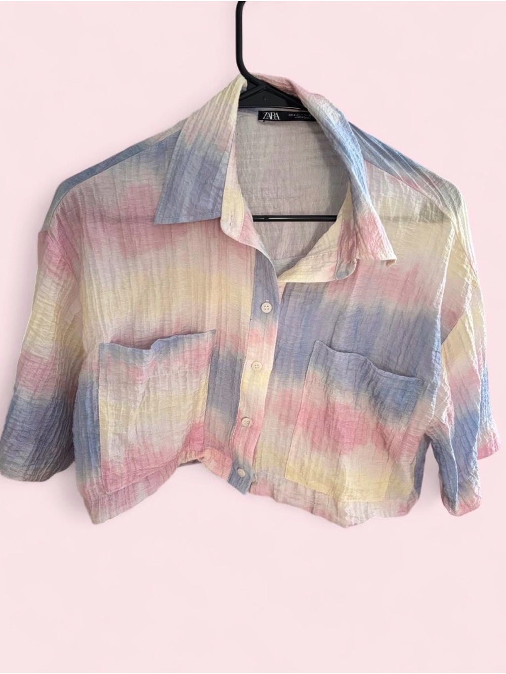 Zara Pastel Tie-Dye Watercolor Cropped Button-Up Shirt